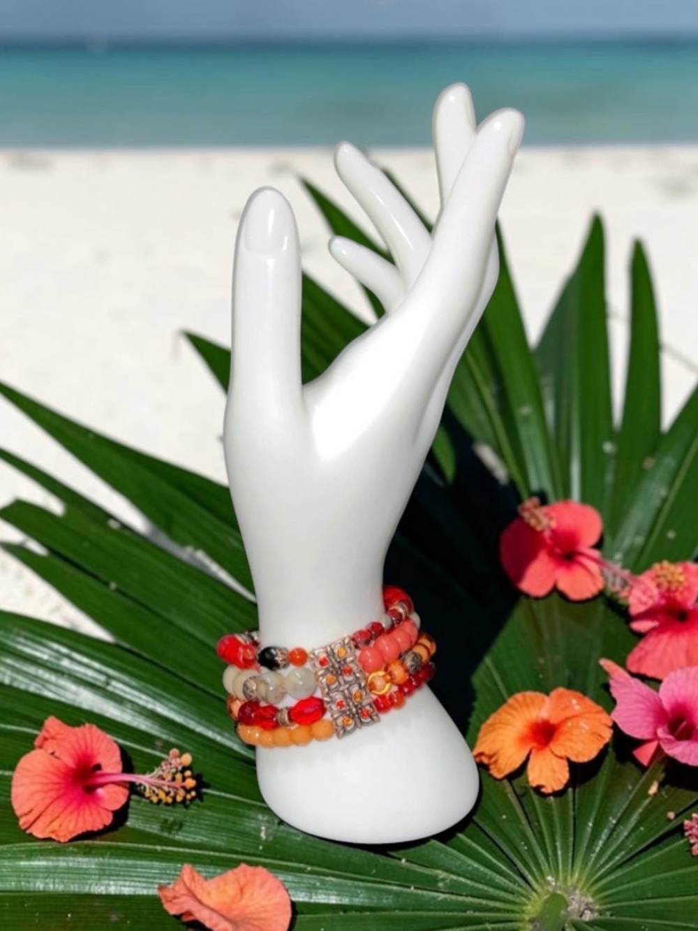 NEW Avenue Red Orange Beaded Multi Strand Stretch Bracelet Copper Rhinestone